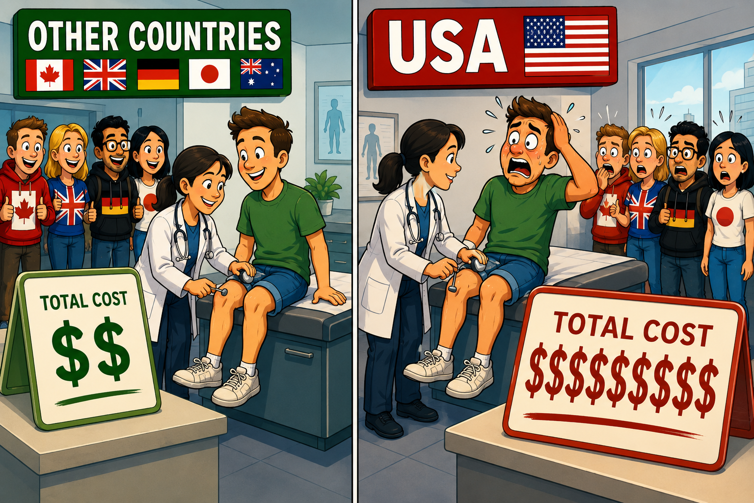 A doctor examines a happy patient with a low medical bill in “Other Countries” while a shocked patient faces a high bill in the “USA.” People in country flag shirts stand in each scene.
