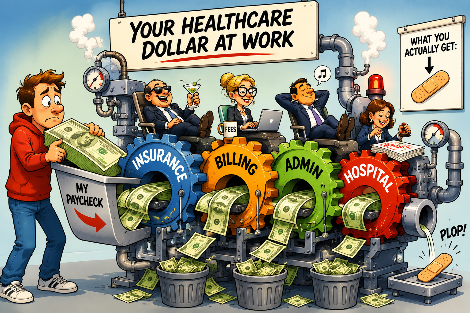 Cartoon of a man feeding cash labeled “My Paycheck” into machines for insurance, billing, admin, and hospital, which keep churning money while output is just a small bandage labeled “What you actually get.”