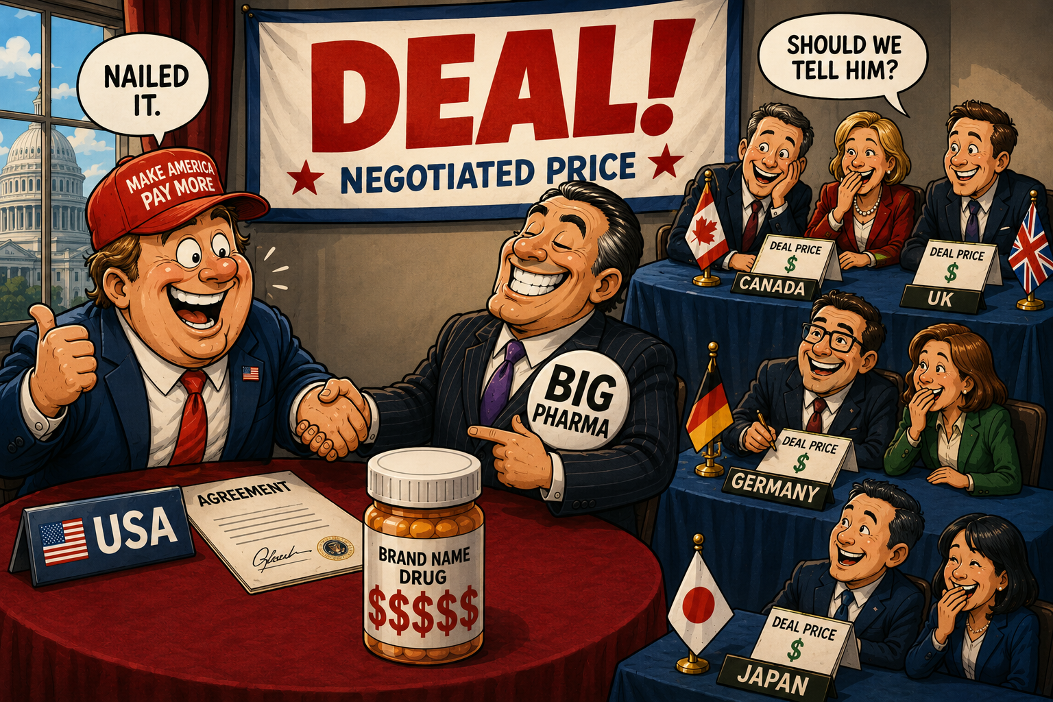A smiling USA representative shakes hands with a grinning “Big Pharma” exec. A pill bottle labeled “Brand Name Drug $$$$” sits on the table. Other countries laugh at deal prices, while the USA pays more.