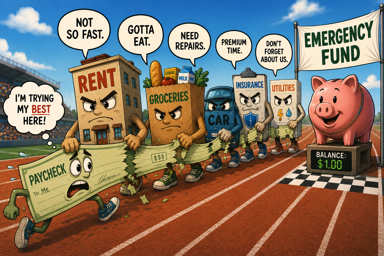A paycheck races on a track chased by bills for rent, groceries, car repairs, insurance, and utilities, while a piggy bank labeled “Emergency Fund” waits at the finish line with a $1 balance.