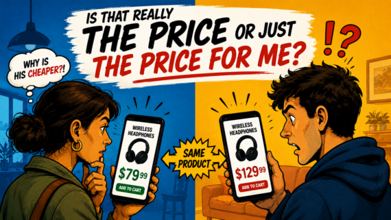 A woman and a man each look at their phones; the woman sees wireless headphones for $79.99 and the man for $129.99. Text asks, &ldquo;Is that really the price or just the price for me?&rdquo; with a &ldquo;same product&rdquo; label between them.