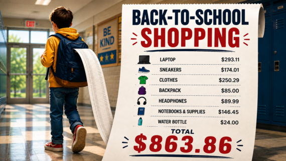 A child with a backpack walks down a school hallway holding a long receipt. A sign lists back-to-school shopping items and costs, totaling $863.86. Items include laptop, sneakers, clothes, backpack, and more.