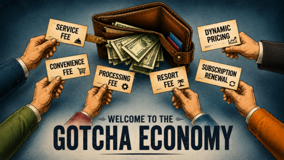 Illustration of hands holding cards with extra fees around an open wallet of cash. Text reads &ldquo;Welcome to the Gotcha Economy&rdquo; with fee names like service fee, dynamic pricing, convenience fee, and subscription renewal.