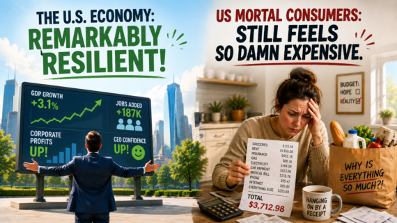 A man celebrates economic growth on a city billboard, while a stressed woman at home reviews a long, costly grocery receipt. Text contrasts the resilient American consumer with persistently high expenses.