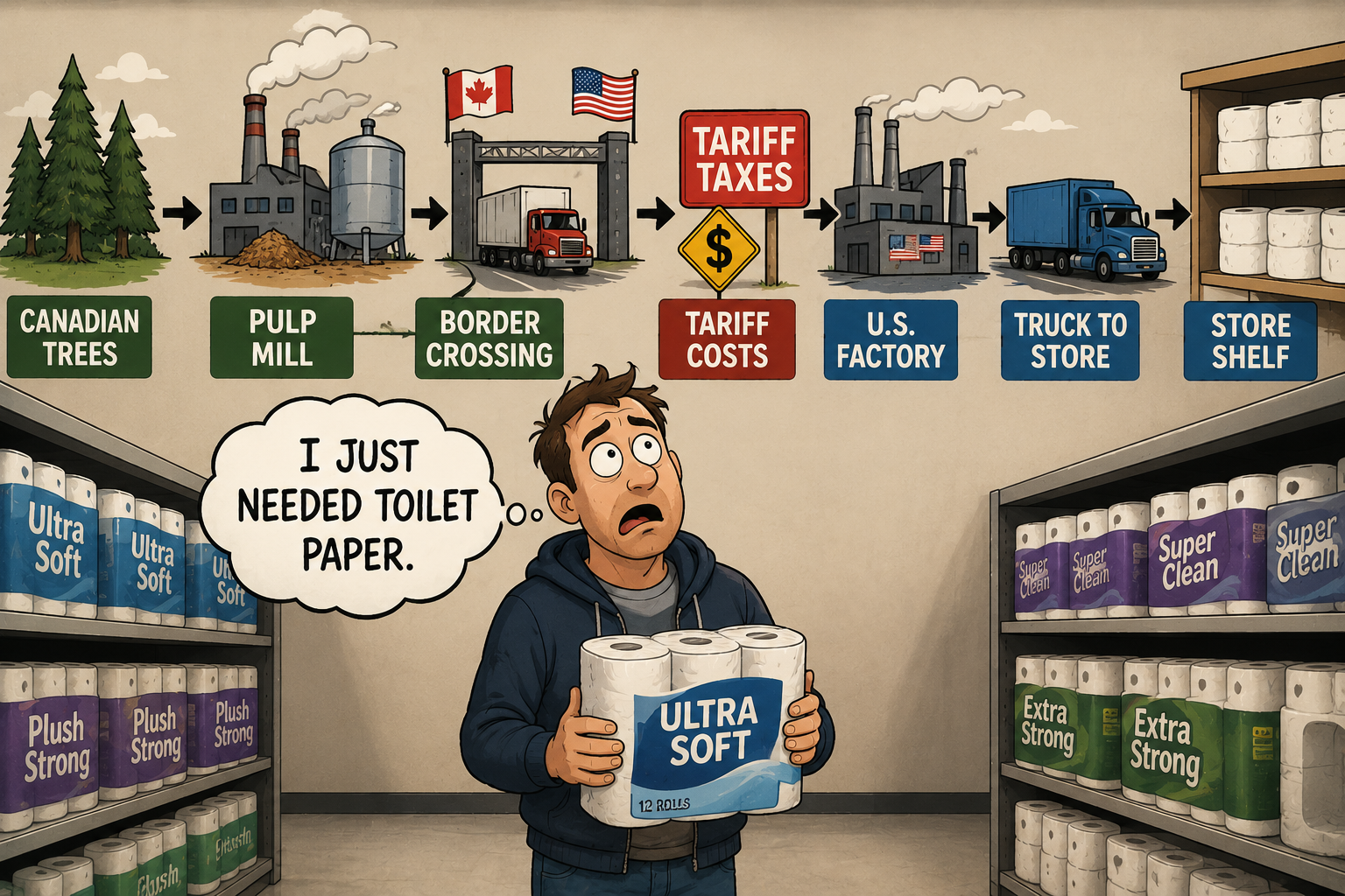 Toilet paper tariffs complicate the supply chain from Canadian pulp to U.S. store shelves