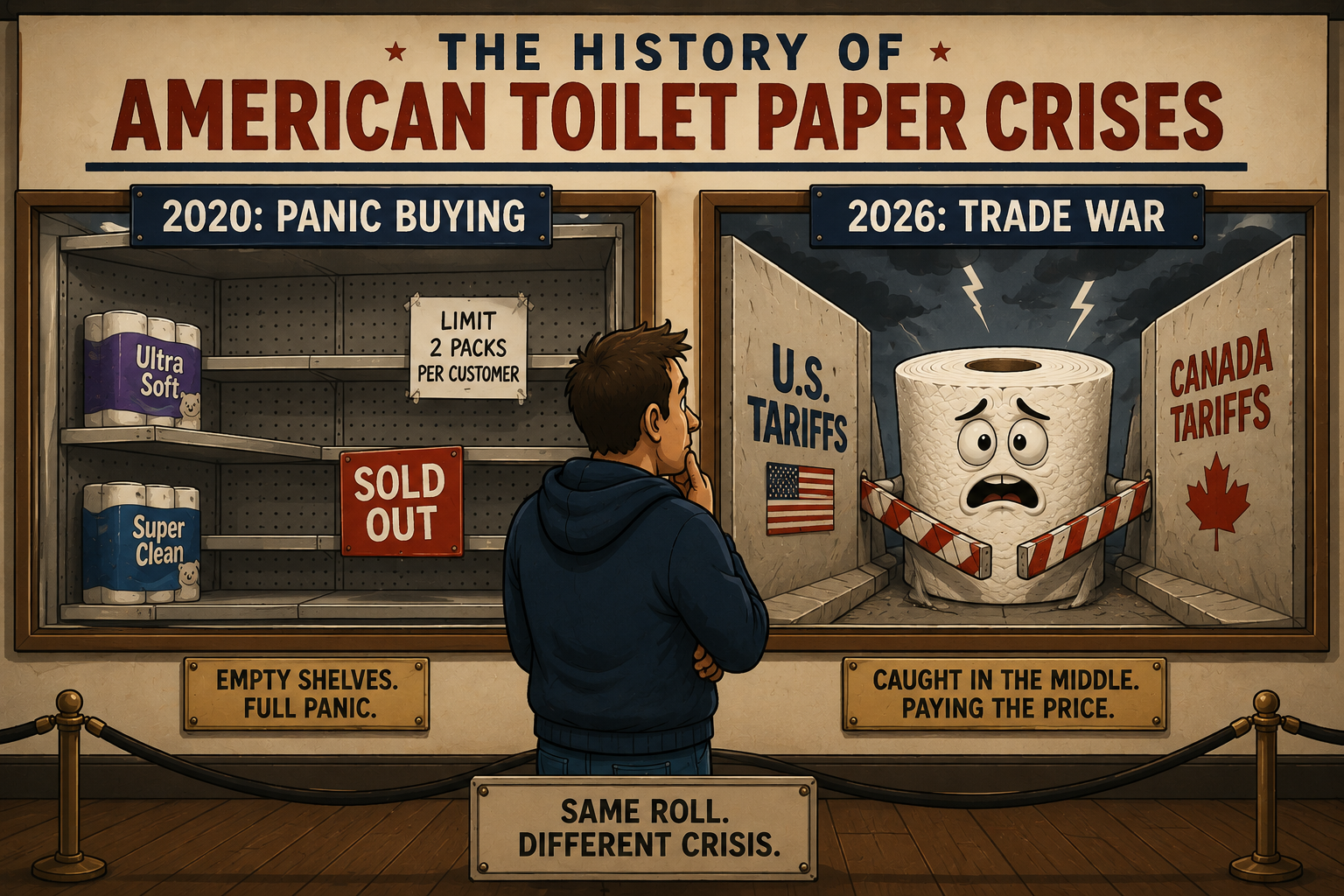 Toilet paper shortages in 2020 compared with toilet paper tariffs in the 2026 U.S.-Canada trade war