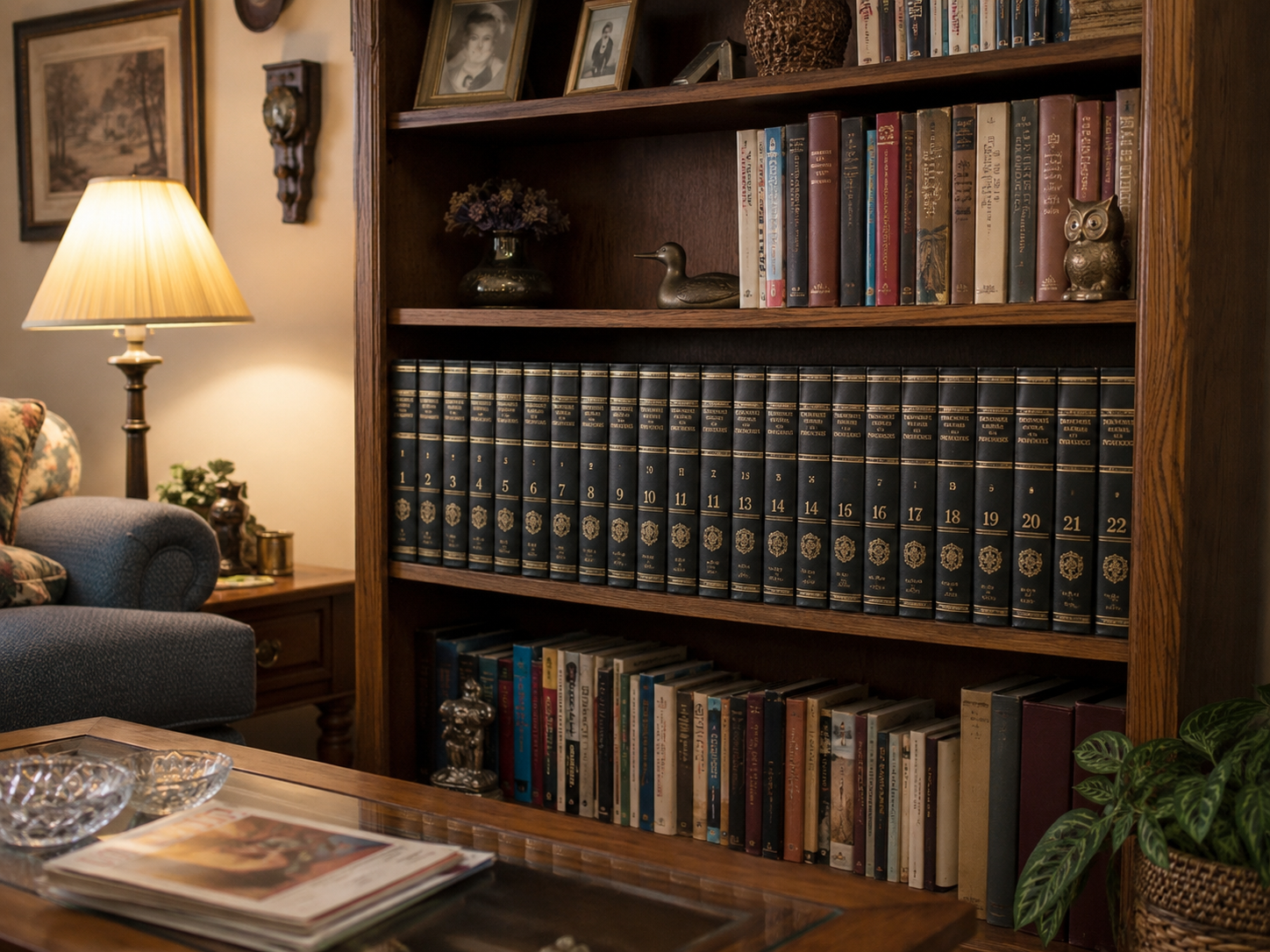 A cozy living room in the 80s with a bookshelf filled with encyclopedias, novels, a framed photo, decorative items, a lamp, a couch, and a coffee table adorned with magazines and glass dishes.