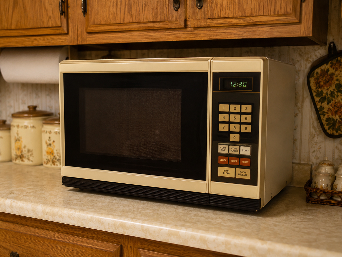 A vintage beige microwave, popular in the 80s, with a digital clock reading 12:30 sits on a kitchen counter, surrounded by decorative canisters and wooden cabinets.