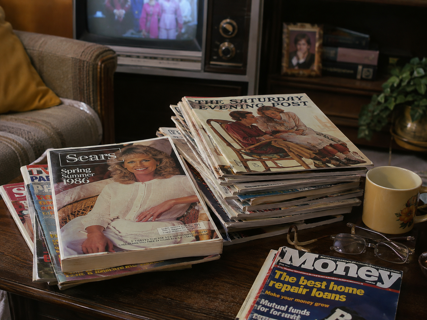 A coffee table in the 80s with stacks of vintage magazines, including Sears and The Saturday Evening Post, a mug, eyeglasses, and a TV in the background showing a group of people.