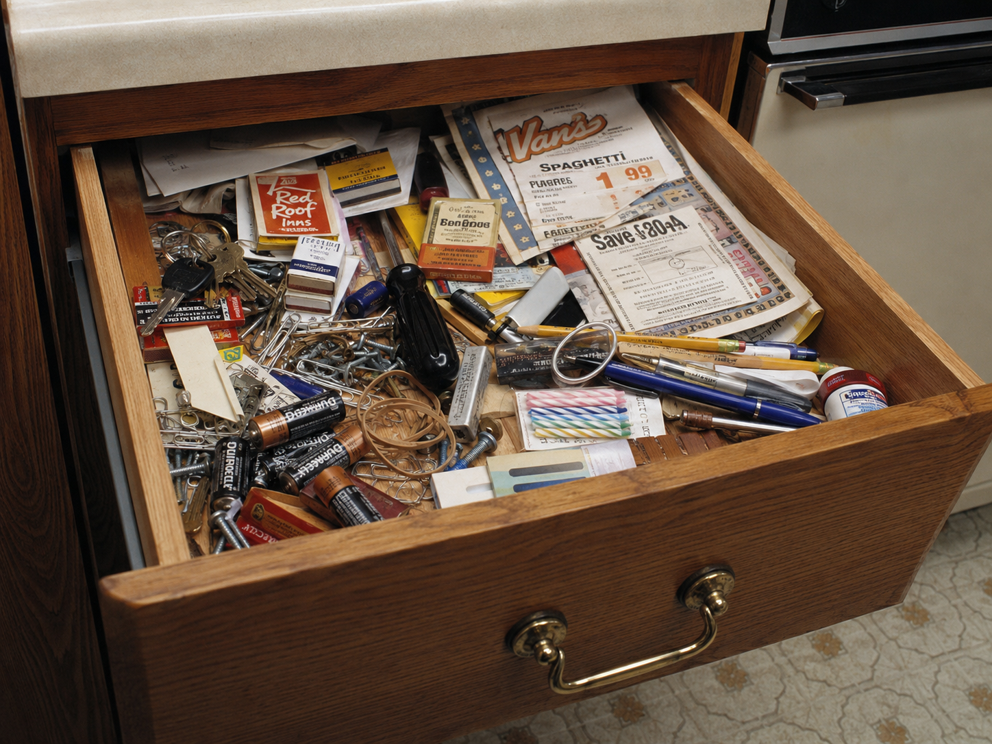 An open wooden drawer filled with various items, including batteries, pens, keys, coupons, rubber bands, nails, and matchboxes creates a cluttered and disorganized appearance reminiscent of a typical junk drawer found in many households in the 80s.