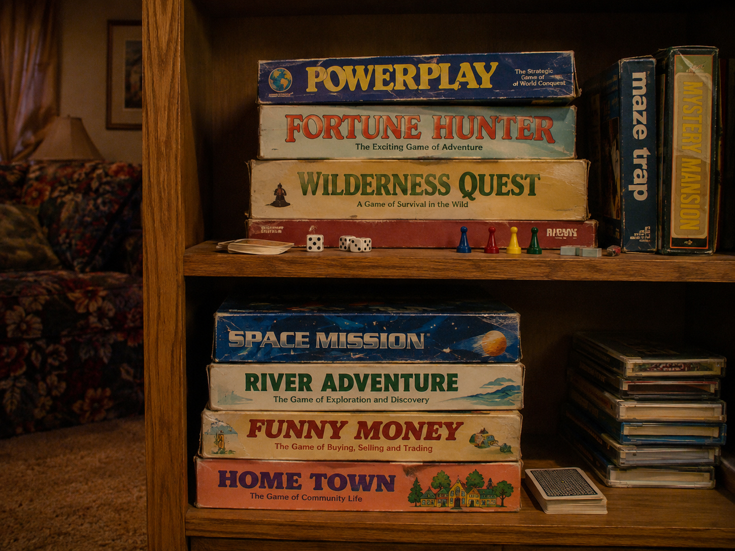 A wooden shelf with stacks of vintage board games, dice, and game pieces; games include Powerplay, Fortune Hunter, Wilderness Quest, Space Mission, River Adventure, Funny Money, Hometown, and others—a nostalgic collection reminiscent of family game nights in the 80s.