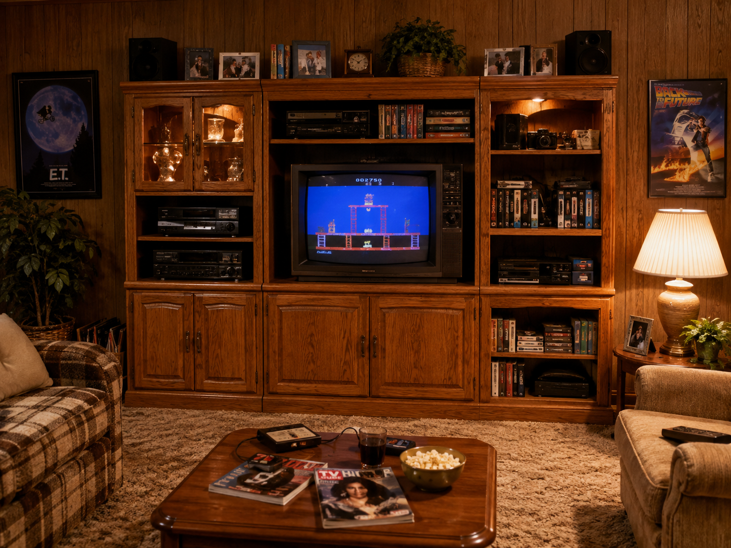 A cozy, retro living room set in the 80s, with wood-paneled walls, an old TV playing a video game, shelves lined with books and VHS tapes, a comfy sofa, a lamp casting a warm glow, and a coffee table scattered with magazines, popcorn, and a remote.