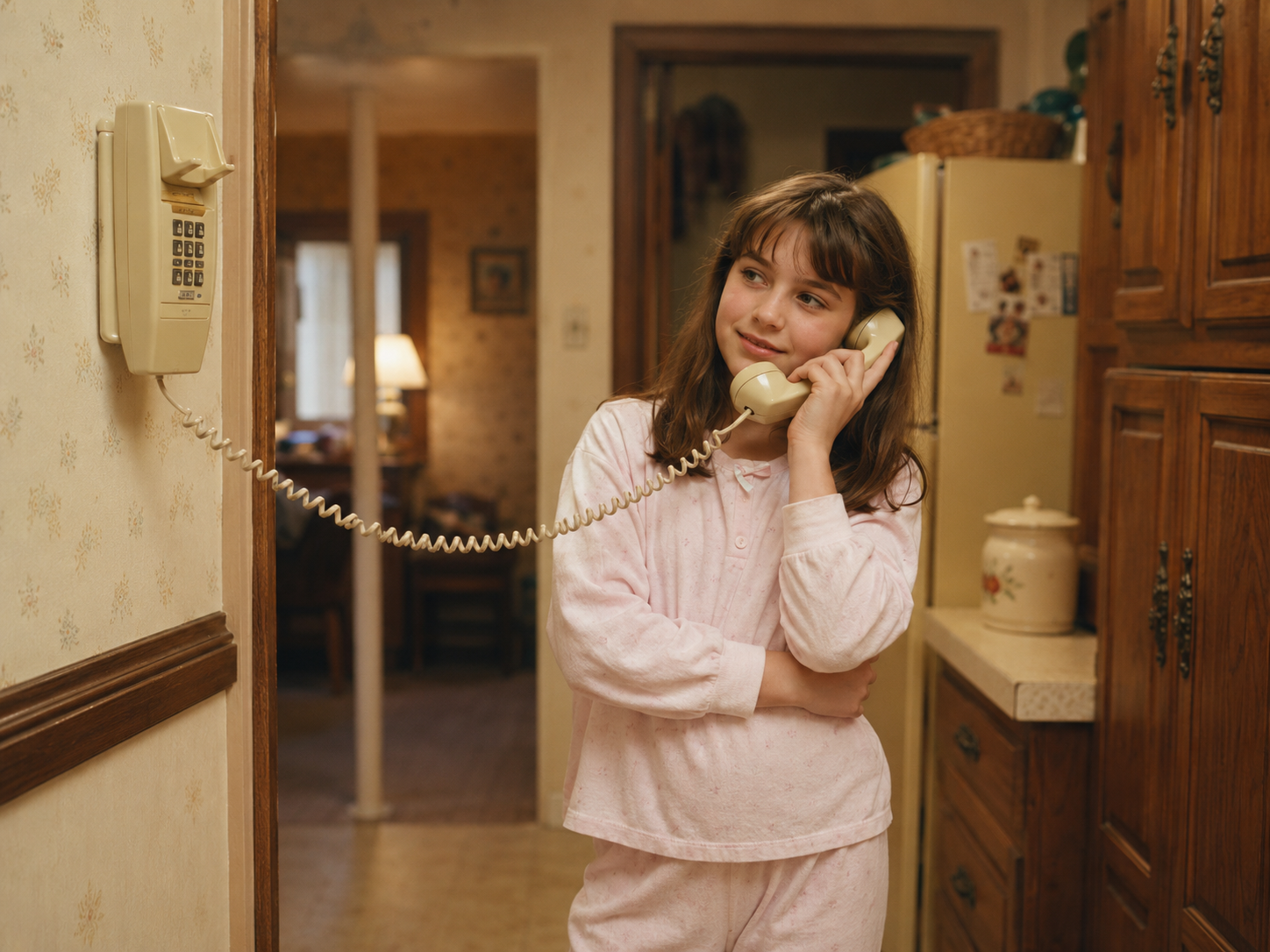 A girl in pink pajamas stands in a kitchen, smiling while talking on a beige corded wall phone, just like people did in the 80s. She has brown hair with bangs and is looking to the side. The kitchen has wooden cabinets and warm lighting.