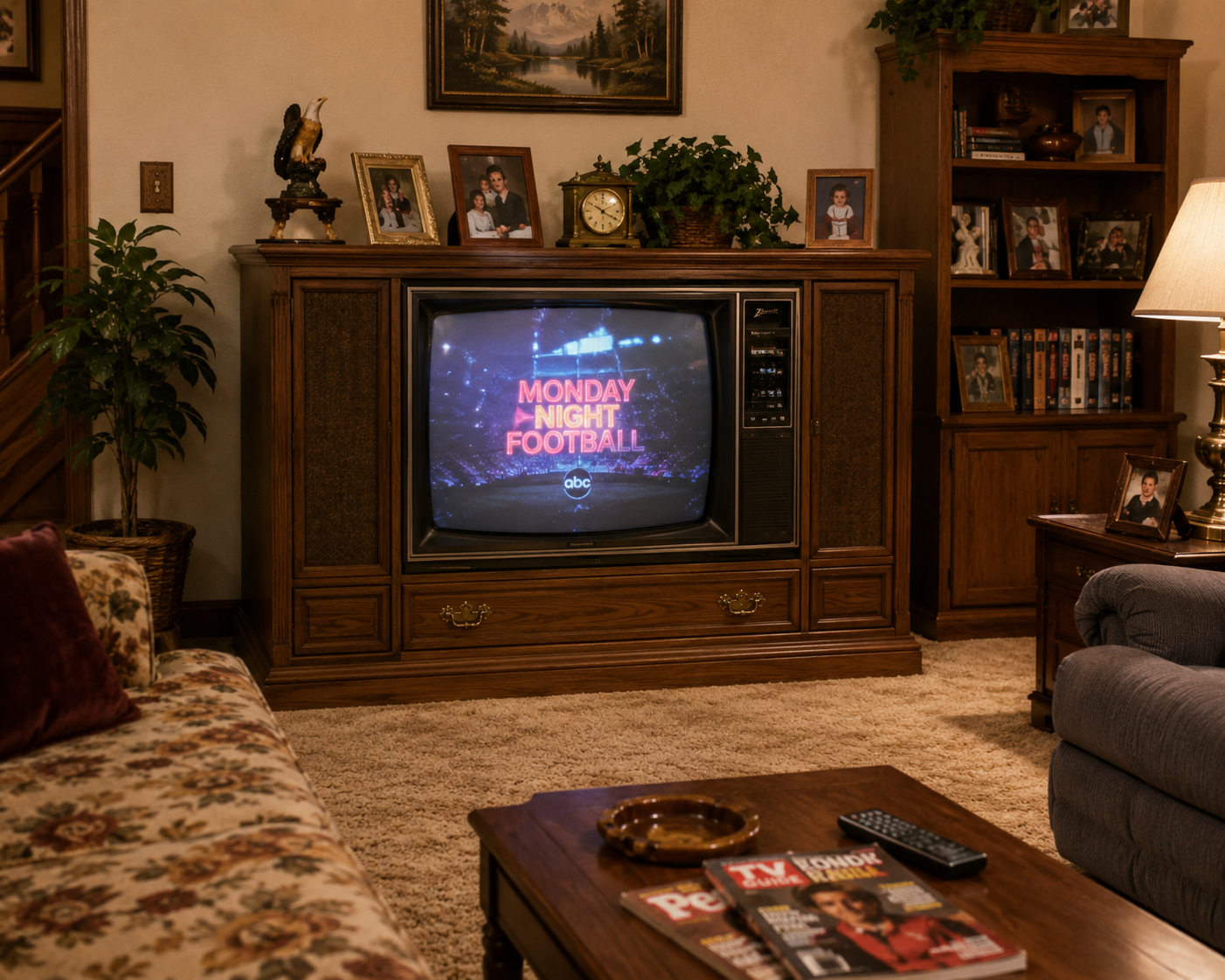 A vintage living room in the 80s with a TV displaying “Monday Night Football” on ABC, wood furniture, framed photos, a houseplant, and a coffee table holding magazines, a remote, and an ashtray.