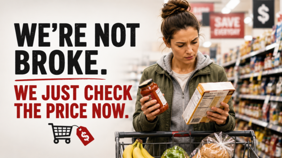 Price conscious consumers comparing prices while grocery shopping