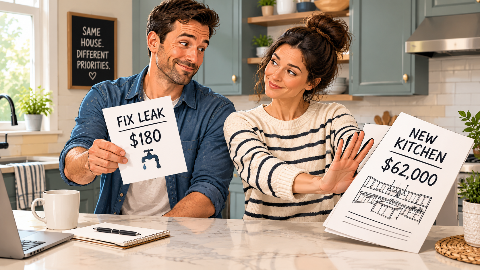 Couple choosing a small home repair instead of an expensive kitchen renovation
