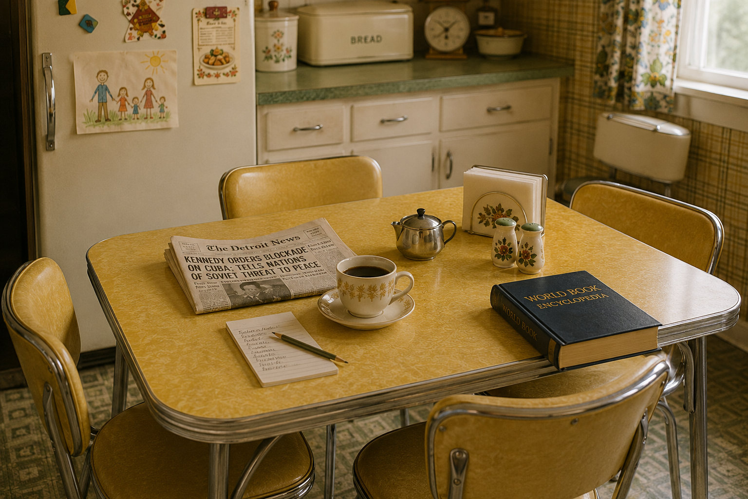 A vintage kitchen scene reminiscent of Homes In The 60s, featuring a yellow table set for coffee, a teapot, a newspaper, notepad with pen, World Book Encyclopedia, retro chairs, and classic kitchenware. Sunlight streams in from a window.