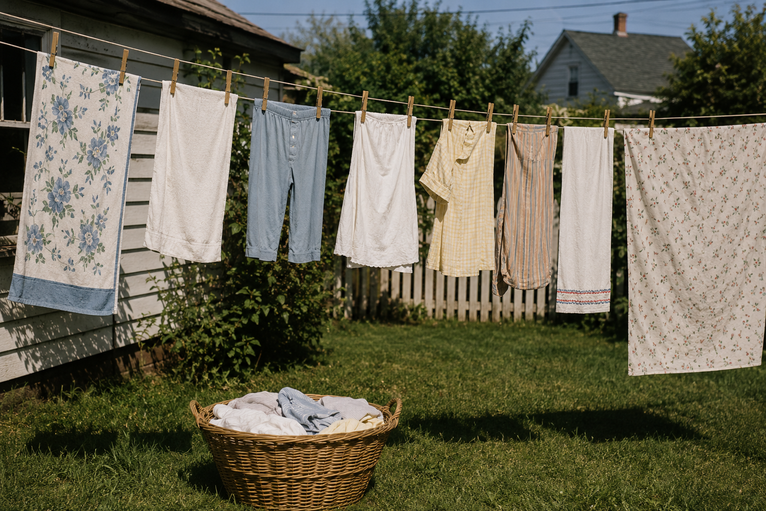 Laundry, including towels, shirts, and pants, hangs on a clothesline to dry in a sunny backyard—a scene reminiscent of Homes In The 60s. A large wicker basket filled with more laundry sits on the grass below. A white house and fence are in the background.