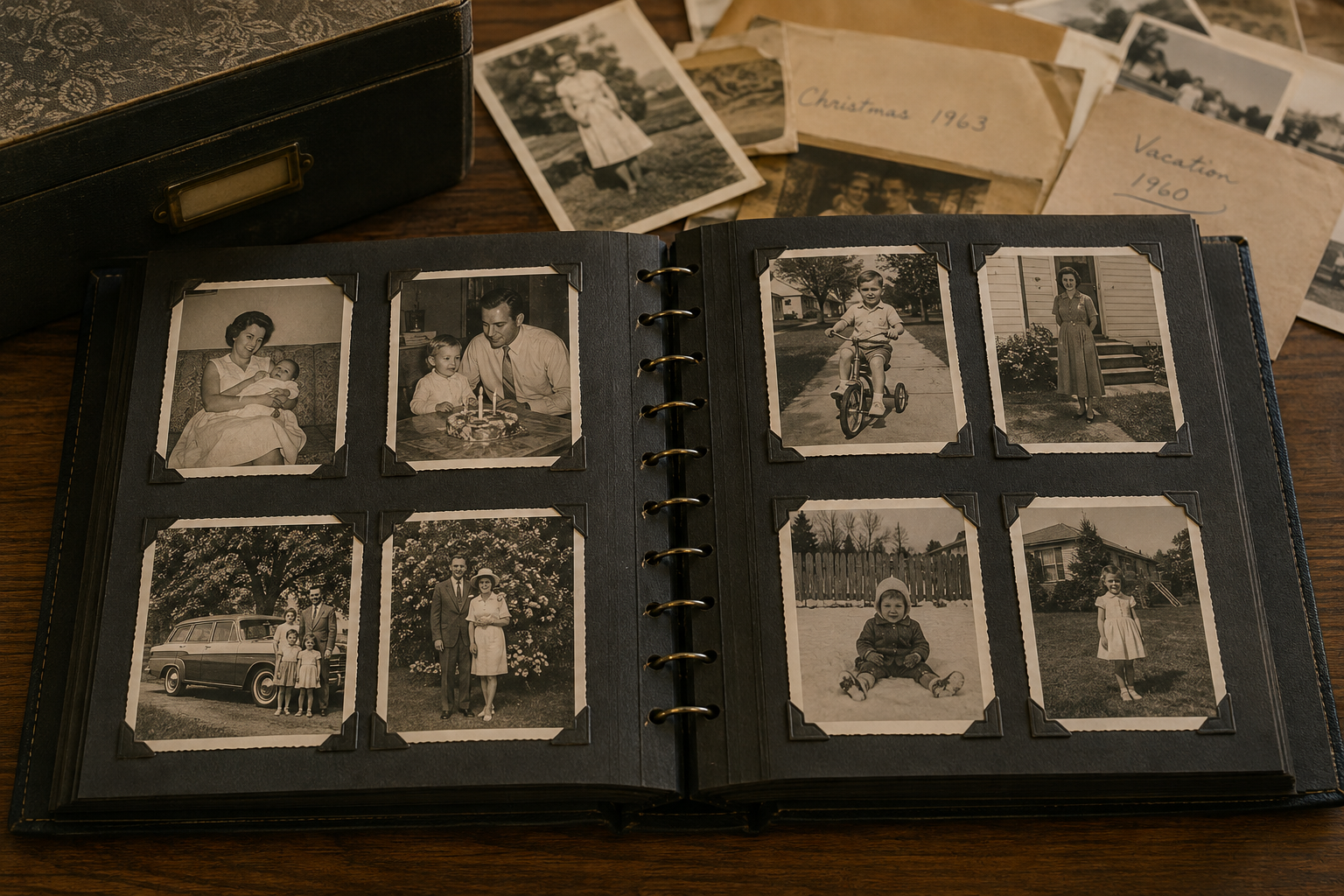 An open vintage photo album shows black-and-white family photos; loose labeled pictures and a box sit nearby on a wooden table, evoking nostalgia for homes in the 60s.