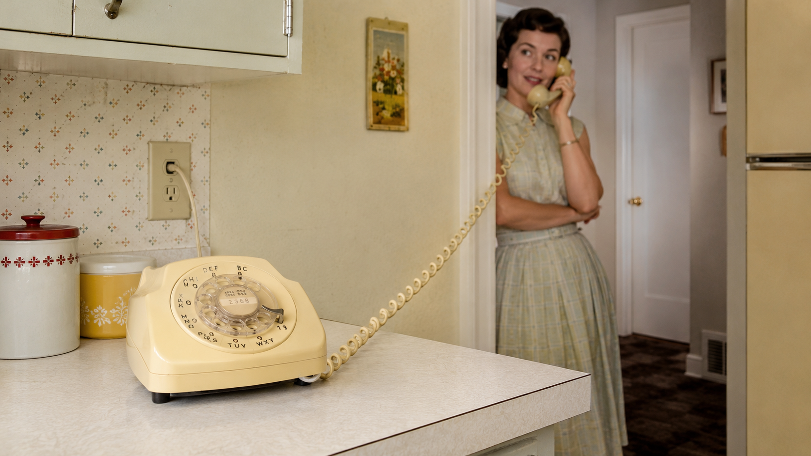 A woman in a vintage dress smiles while talking on a yellow rotary phone in a retro kitchen, with the phone’s cord stretched across the counter, perfectly capturing the charm of homes in the 60s.