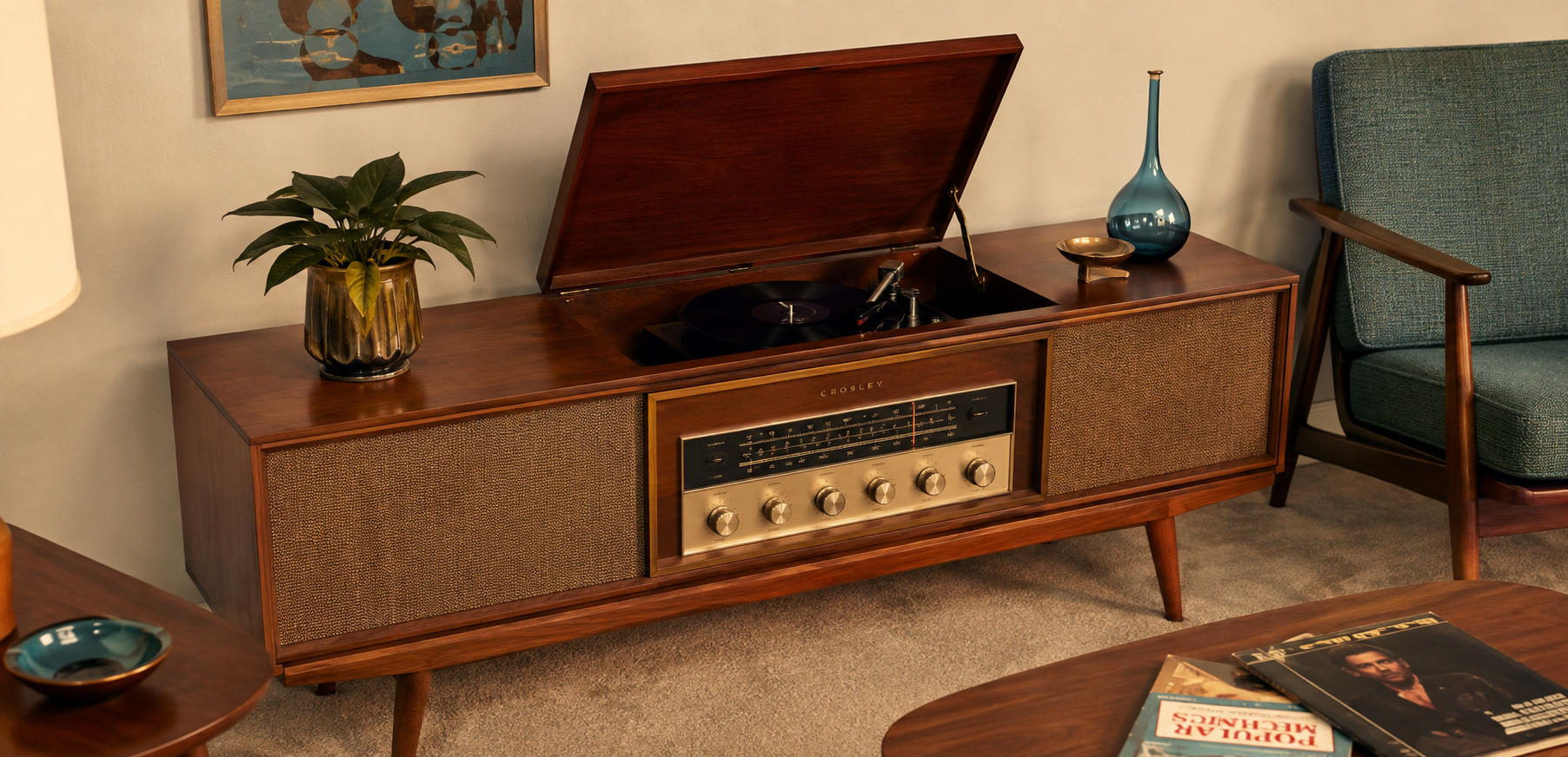 A vintage wooden console record player with its lid open, a vinyl record on the turntable, a potted plant, and a blue vase on top evokes the charm of Homes In The 60s. A retro armchair and side table with magazines are nearby, completing this nostalgic scene.