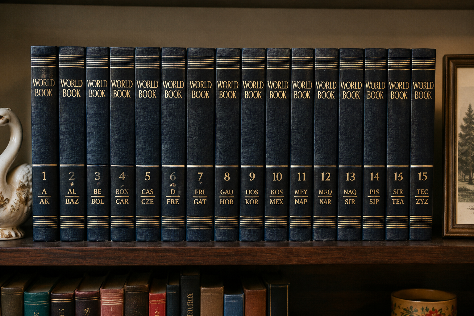 A shelf displays 16 dark blue volumes of the World Book Encyclopedia, labeled A-AK through TEC-ZYZ, with gold text on the spines—a classic sight in many homes in the 60s. Other books and decor are partially visible on the shelves.