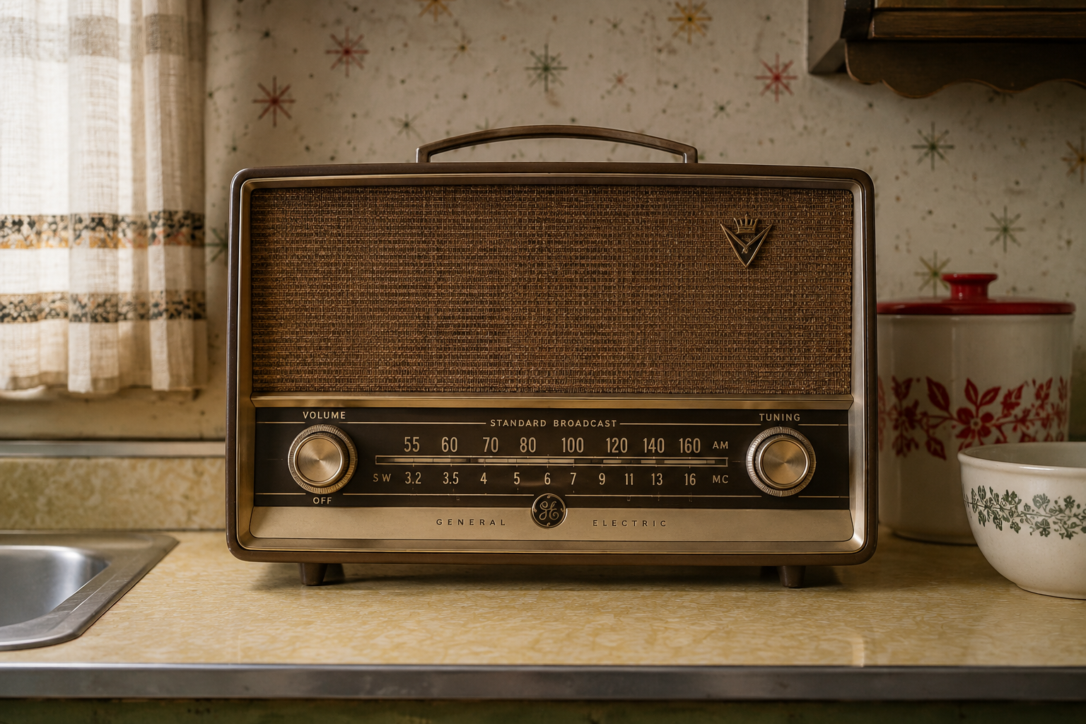 A vintage General Electric radio sits on a yellow kitchen counter near a sink, evoking the charm of homes in the 60s, with a curtain, a jar, and a mug in the background.