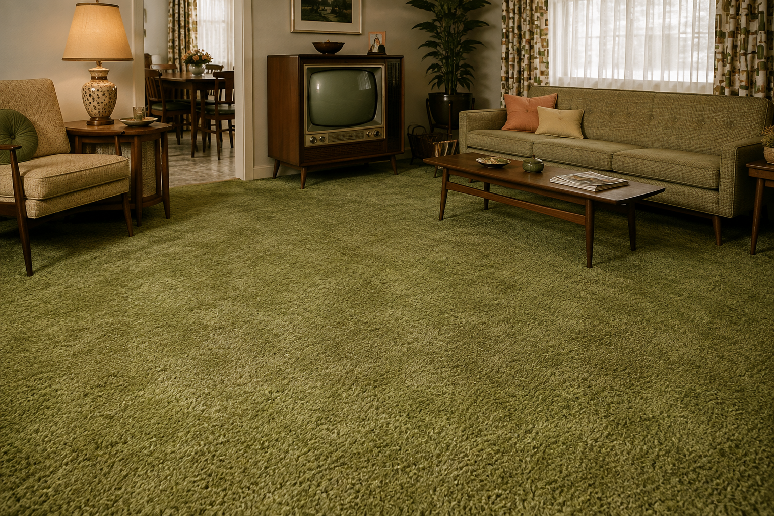 A vintage living room reminiscent of Homes In The 60s, featuring green shag carpet, a retro TV, sofa, armchair, coffee table, lamp, and houseplants by curtained windows. The dining area is visible in the background.