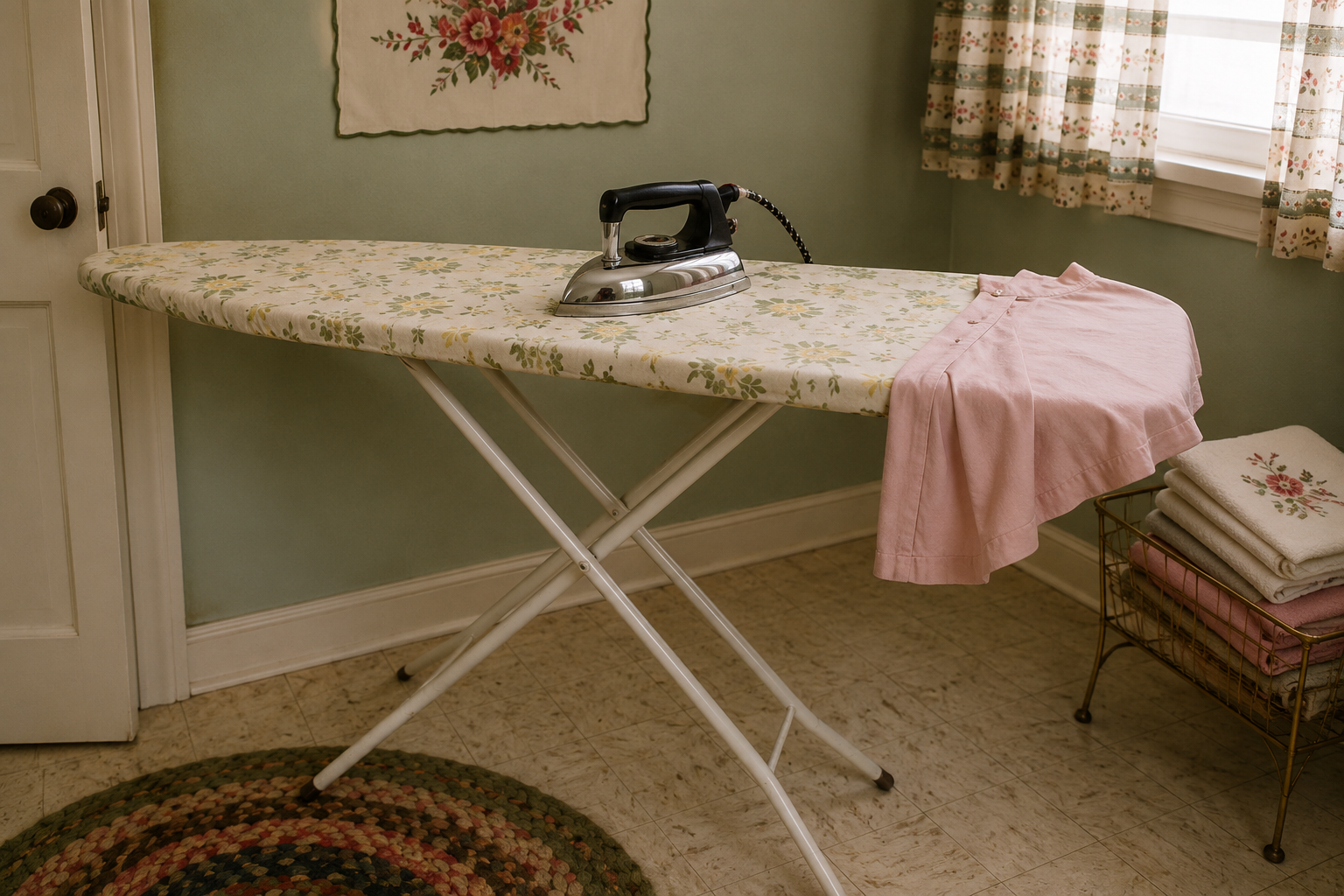 An iron and a pink shirt rest on a floral ironing board in a vintage-style room with green walls, floral curtains, and neatly folded linens on a wire shelf—a nostalgic nod to homes in the 60s.