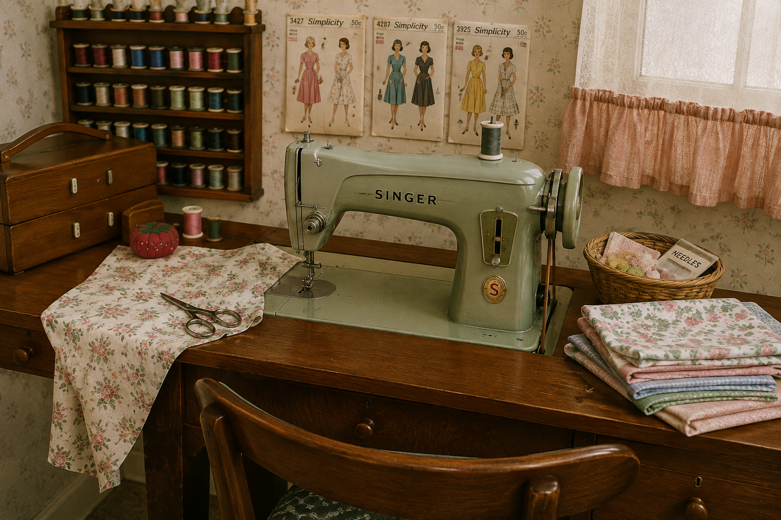 A vintage Singer sewing machine on a wooden desk with floral fabric, scissors, stacked fabric, and a basket of thread evokes the cozy charm of Homes In The 60s. Spools and dress patterns decorate the wall behind, completing this nostalgic scene.