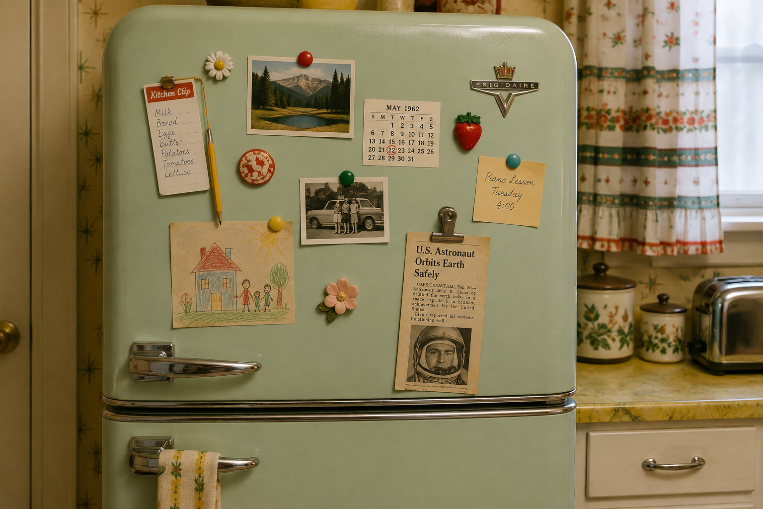 A vintage fridge covered with notes, a calendar set to May 1962, magnets, a drawing of a house, a postcard of mountains, a black-and-white car photo, and a news clipping about a U.S. astronaut capture the everyday charm of Homes In The 60s.