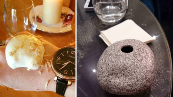 On the left, ice cream is melting on a wrist above a watch, evoking an unconventional restaurant presentation. On the right, a round gray rock with a large hole sits on a glass table next to a glass of water and a folded napkin.