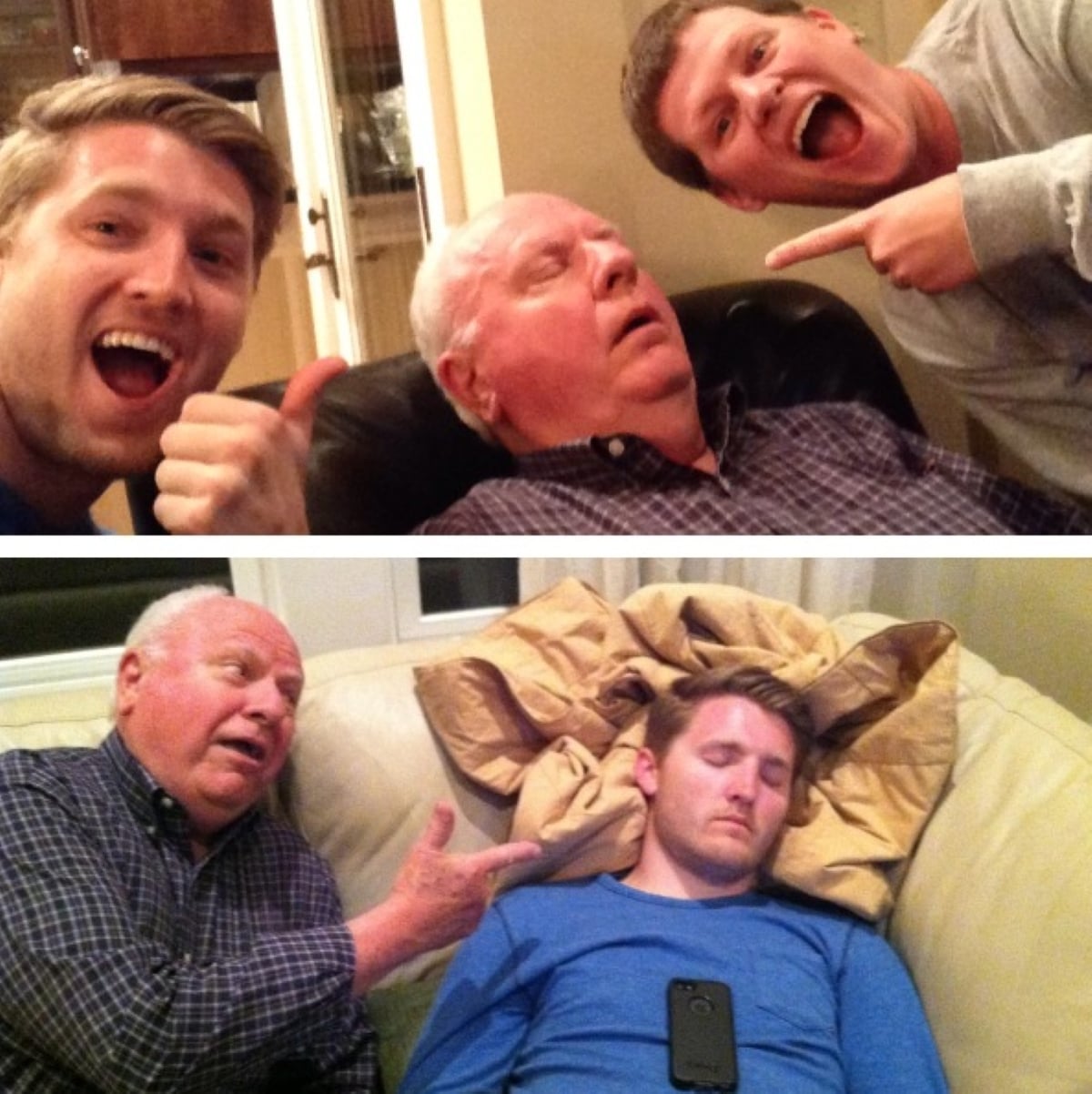 Two photos: In the first, two young men pose with an older man asleep in a chair. In the second, the older man points at a young man asleep on a couch with a phone on his chest.