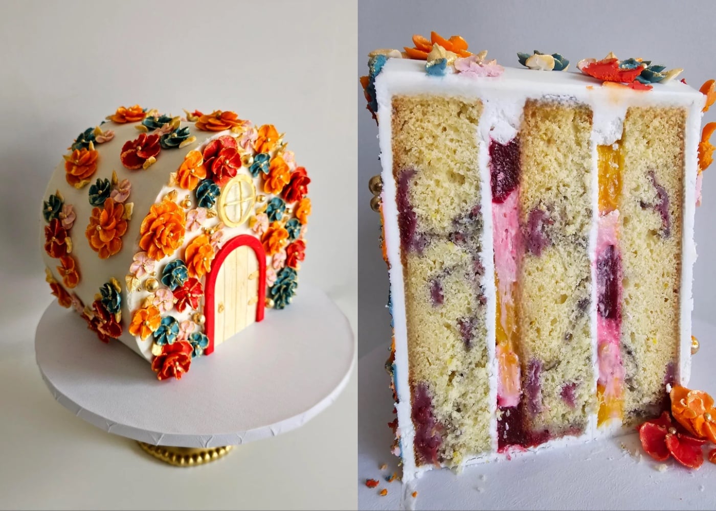 A cake shaped like a small house, decorated with colorful flowers. Next to it is a cross-section showing layers of white cake with red and yellow fruit filling and white frosting.