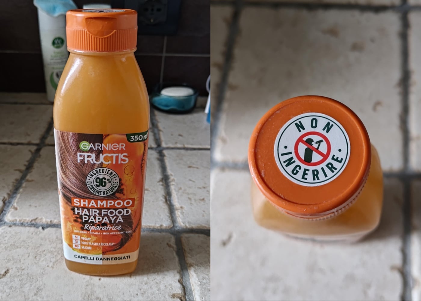 A bottle of Garnier Fructis Papaya Hair Food shampoo on a tiled surface; the cap shows a warning label with “Non Ingerire” (Do Not Ingest) in Italian and a crossed-out eating symbol.