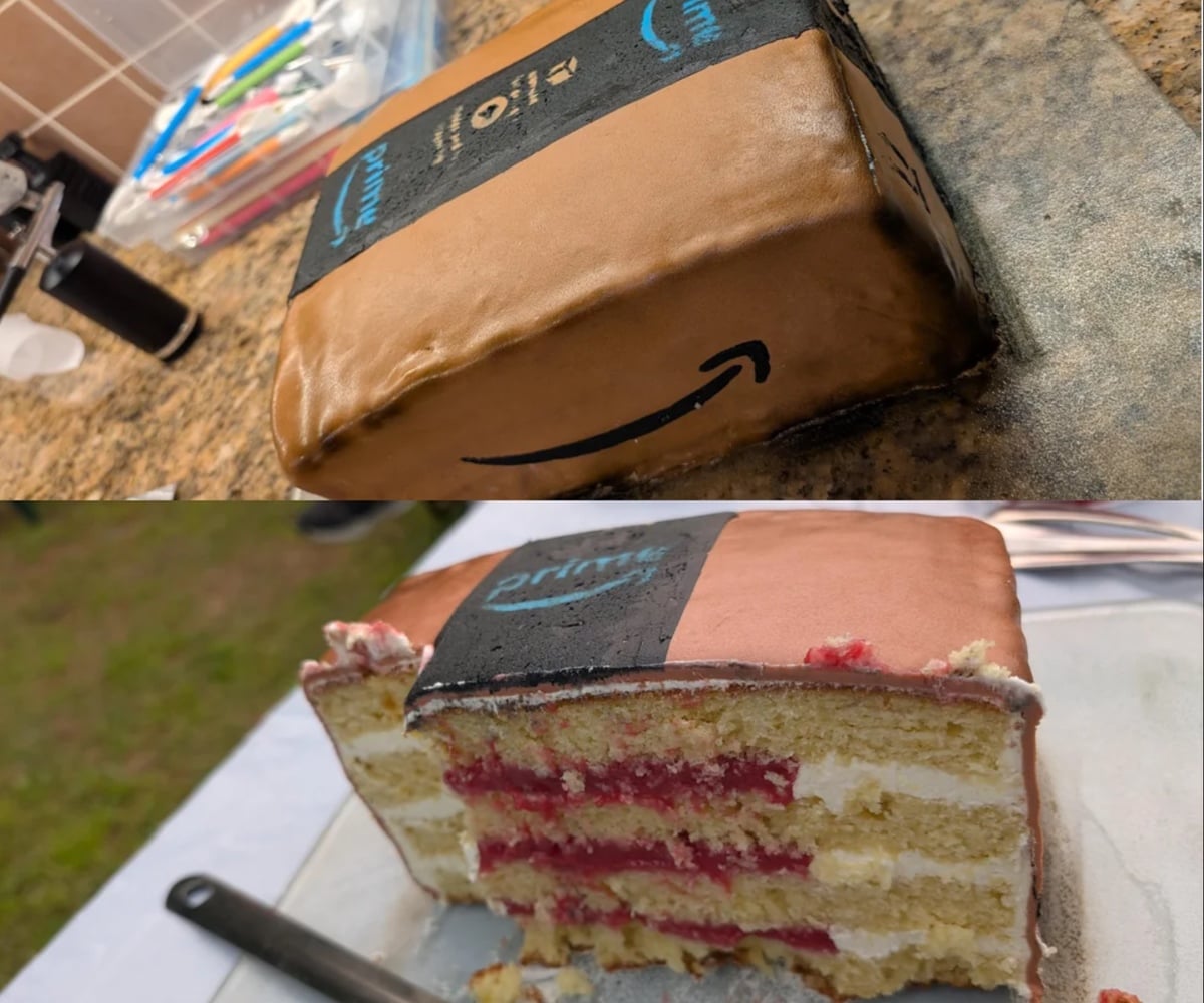 A rectangular cake decorated to look like an Amazon Prime package sits on a counter. The second image shows the cake sliced, revealing layers of yellow cake, white frosting, and red filling inside.