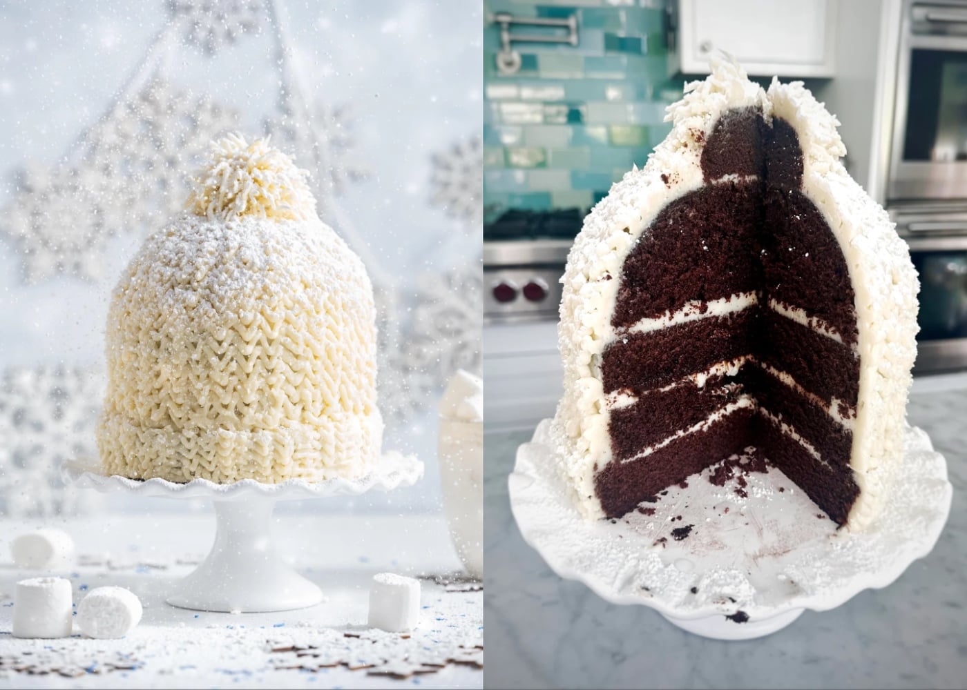 A chocolate layer cake decorated to resemble a knit winter hat, topped with powdered sugar, shown whole on the left and sliced open on the right to reveal its interior.