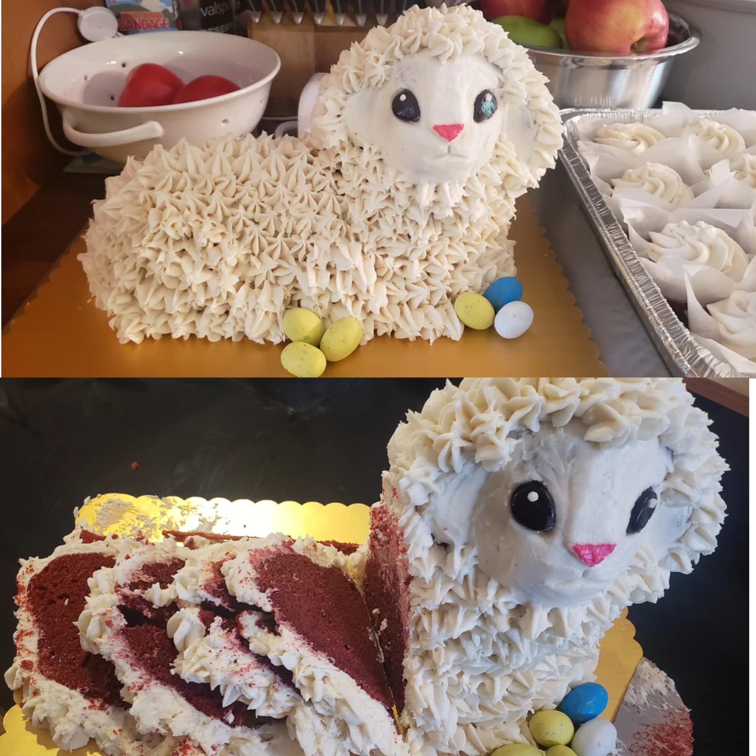 A lamb-shaped cake with white frosting, candy eggs, and a pink nose is shown whole in the first image and partially sliced in the second, revealing red velvet cake inside. Fruits and frosted cupcakes are in the background.