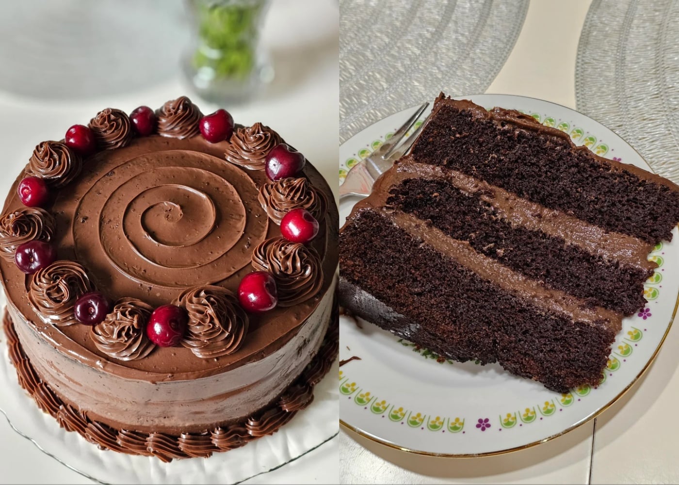 A chocolate layer cake with chocolate frosting and cherries on top is shown whole on the left, and a slice revealing three layers is on a plate on the right.
