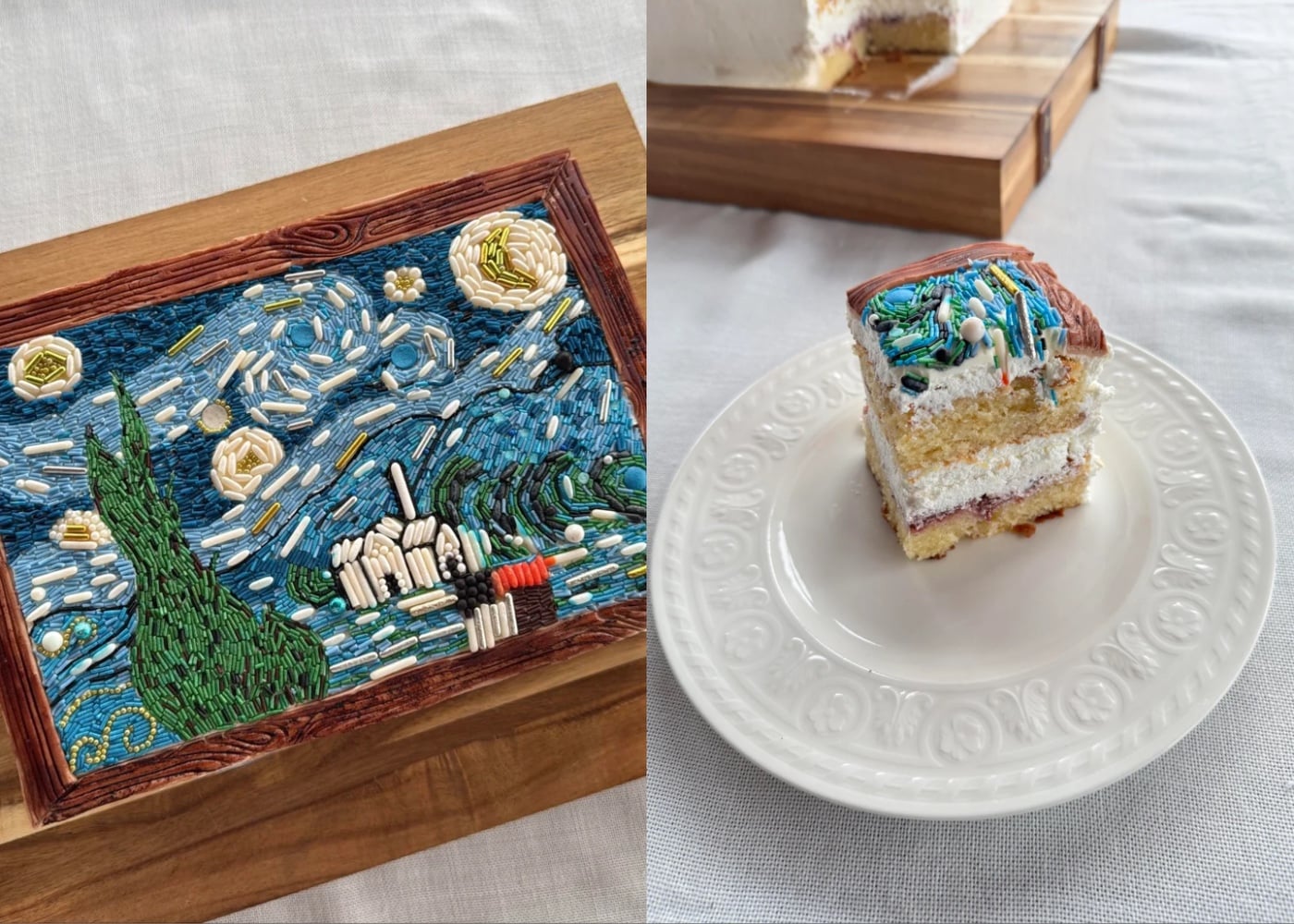 A rectangular cake decorated to look like Van Gogh’s “Starry Night” sits on a wooden board; a slice of the cake is served on a white plate, revealing its layers.
