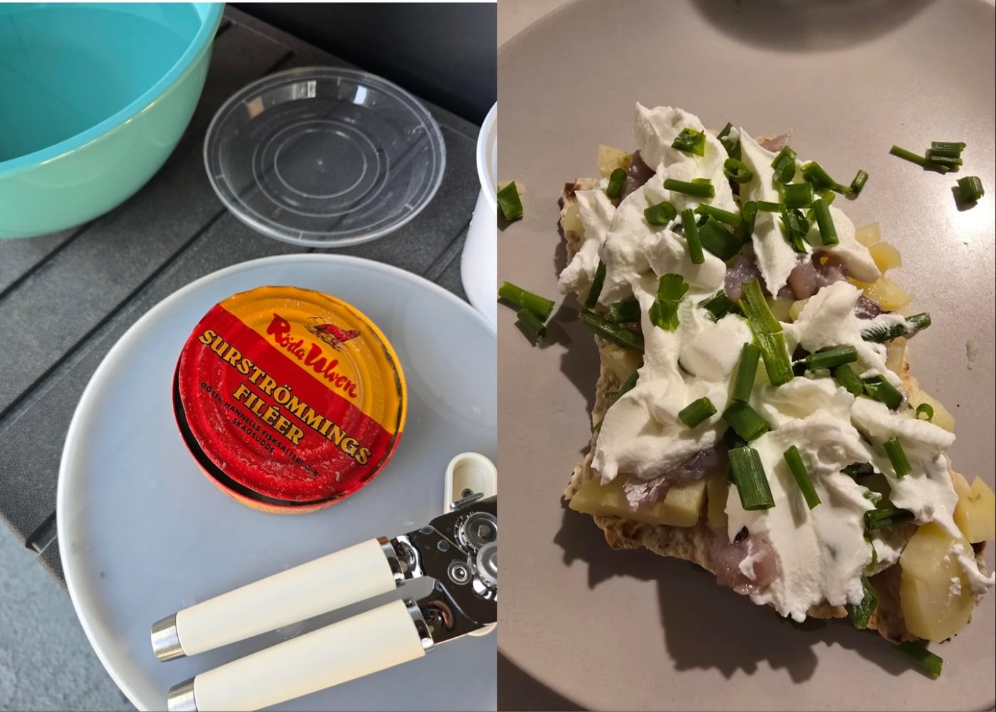 A can of surströmming with a can opener on a plate, next to a dish topped with chopped chives, sour cream, potatoes, and fish on a grey plate.