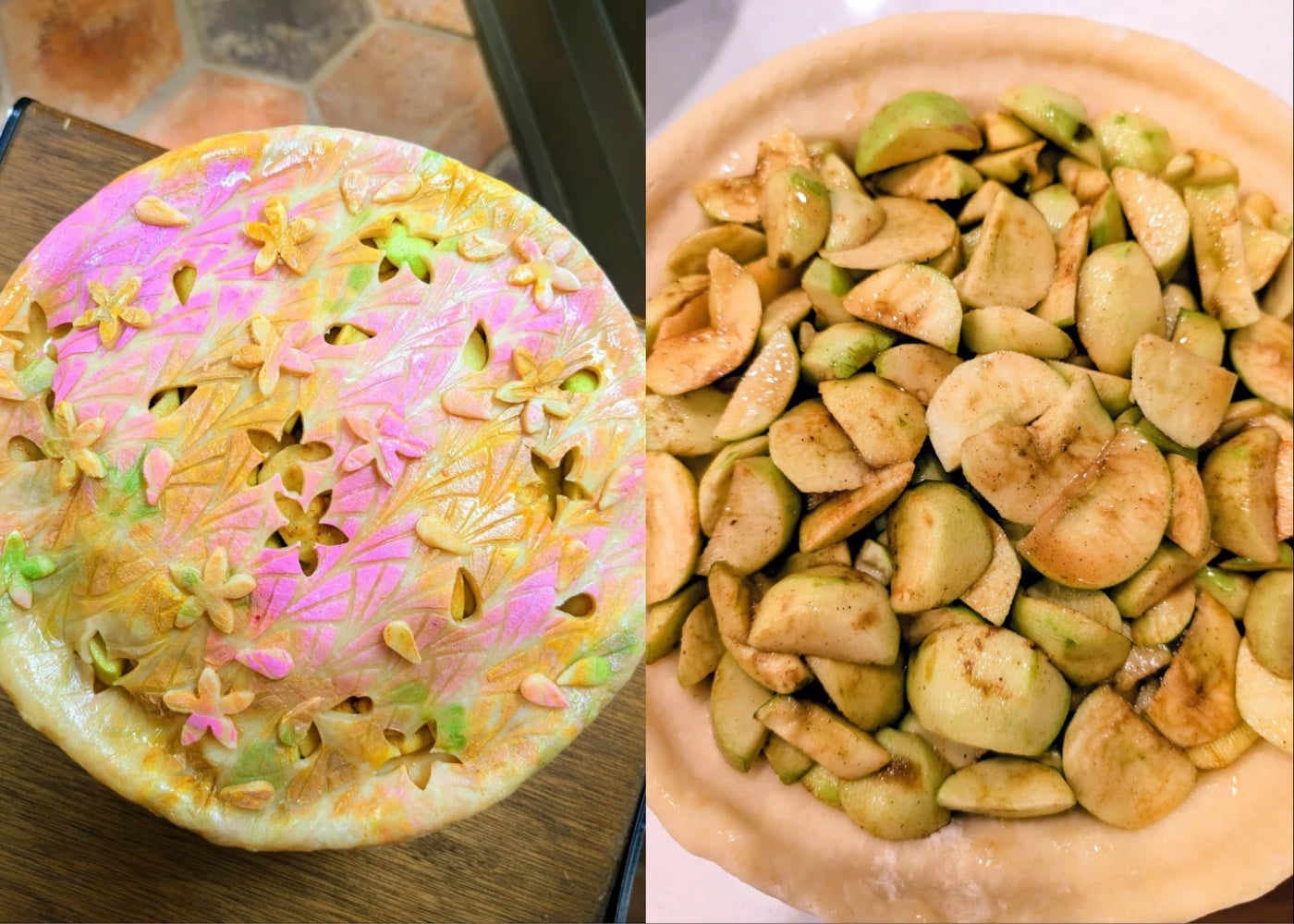 Left: Unbaked pie with intricate floral and geometric crust design, dusted with colorful powder. Right: Open pie with sliced apples mixed with cinnamon inside a pie crust.