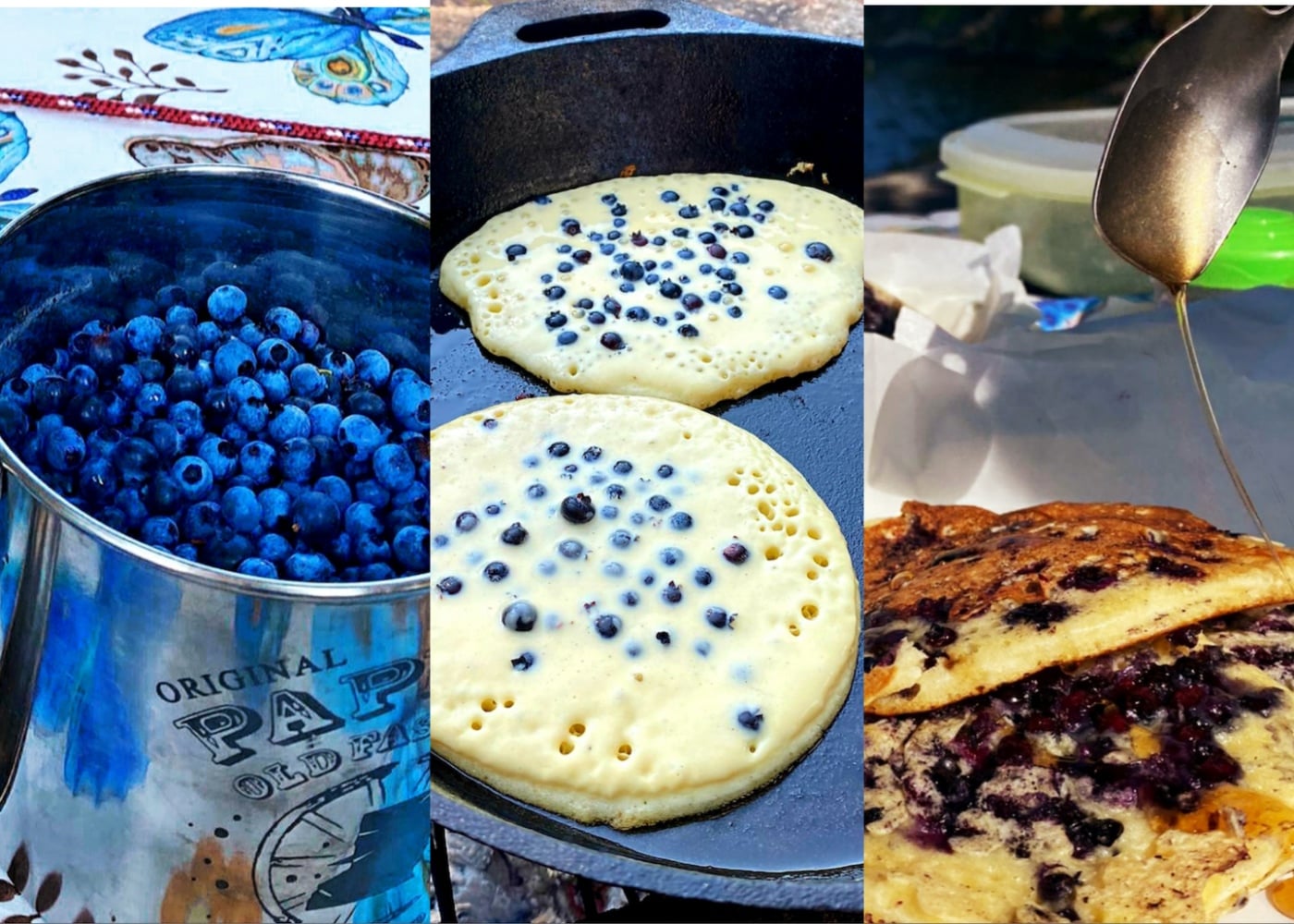 Three images: a tin pail of fresh blueberries, two blueberry pancakes cooking in a cast-iron skillet, and a stack of blueberry pancakes being drizzled with syrup.