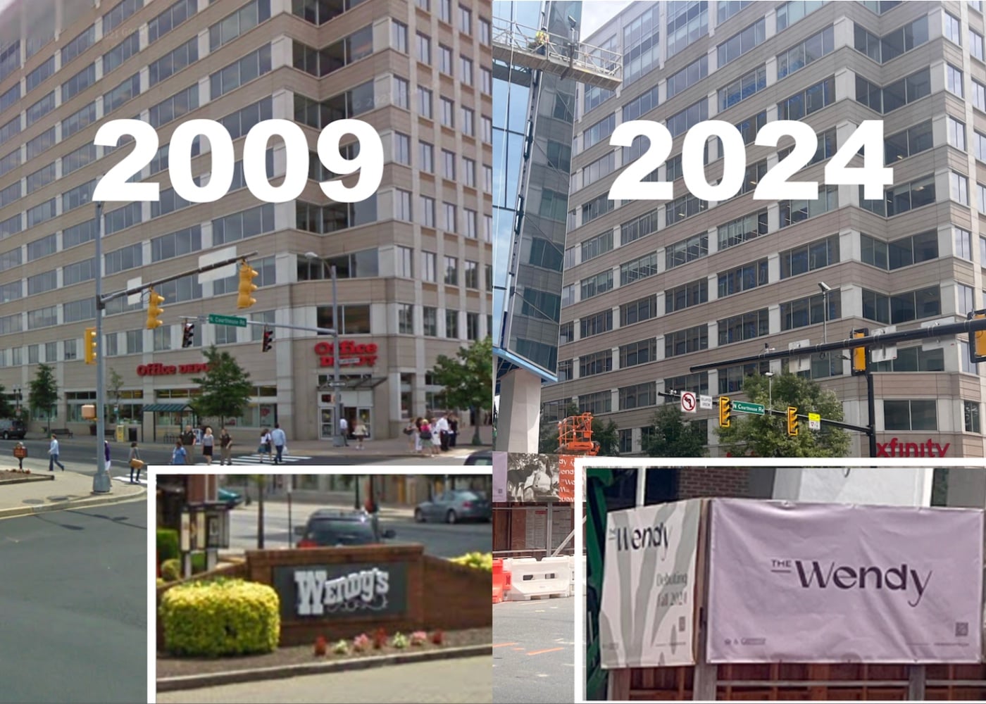 Side-by-side photos of the same city intersection in 2009 and 2024, with different stores and signs; inset images show a Wendy’s sign and a construction banner reading “The Wendy.”