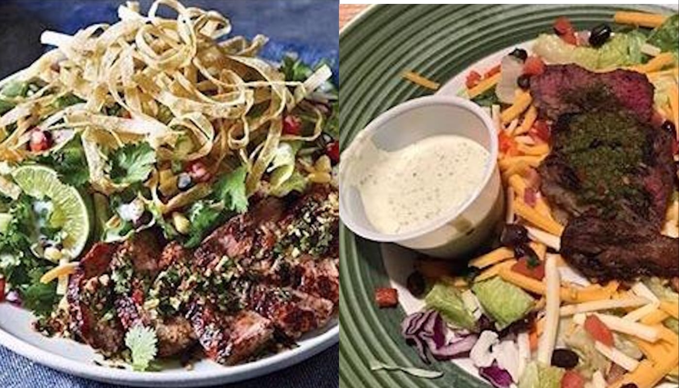 Two plates of salad: the left has grilled meat, tortilla strips, cilantro, and lime; the right has steak, shredded cheese, black beans, veggies, and a cup of creamy dressing.
