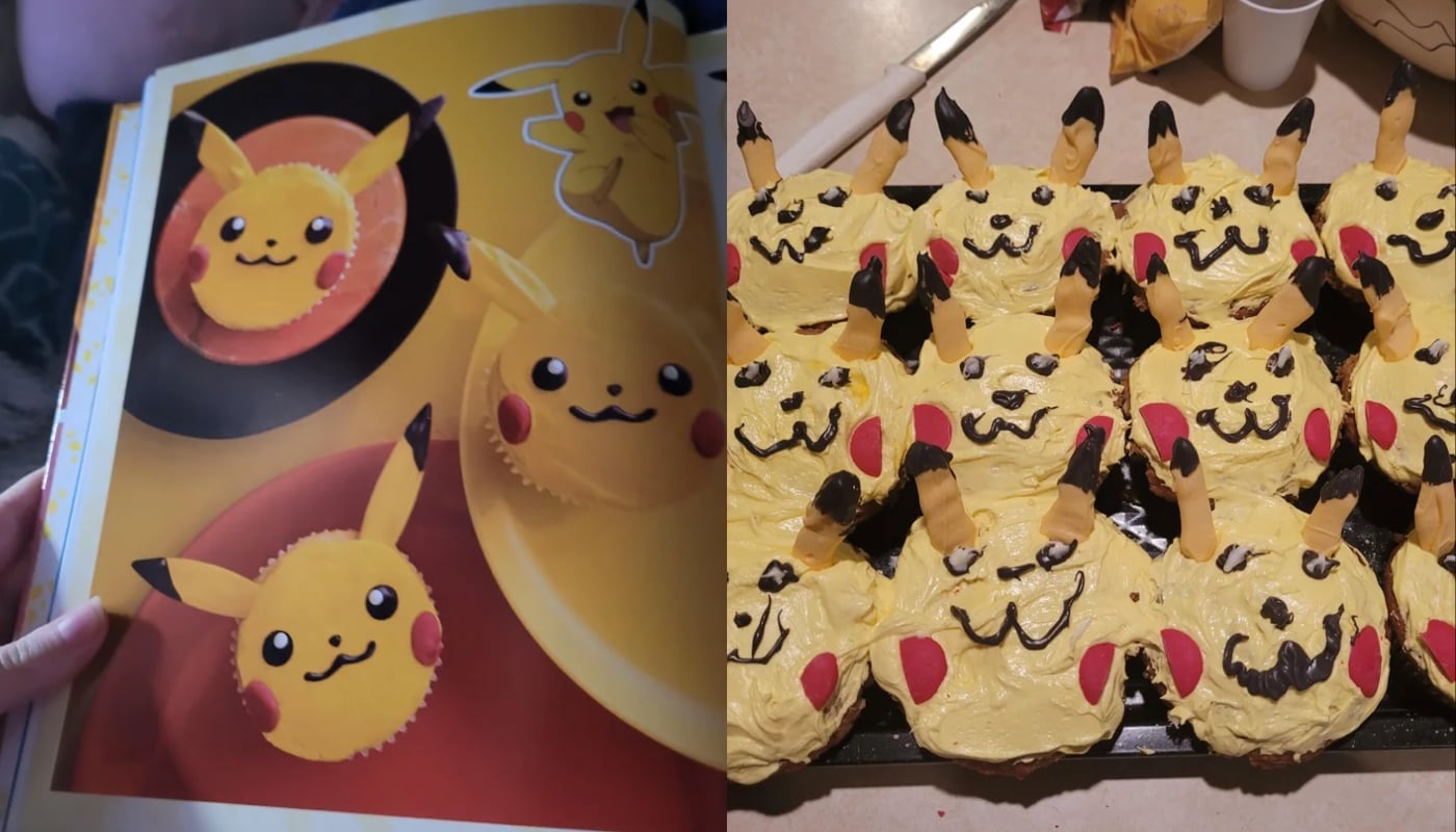 Photo comparison: Left side shows a cookbook page with perfect Pikachu cupcakes. Right side shows homemade Pikachu cupcakes on a tray, with yellow frosting and candy features, looking less precise but playful.