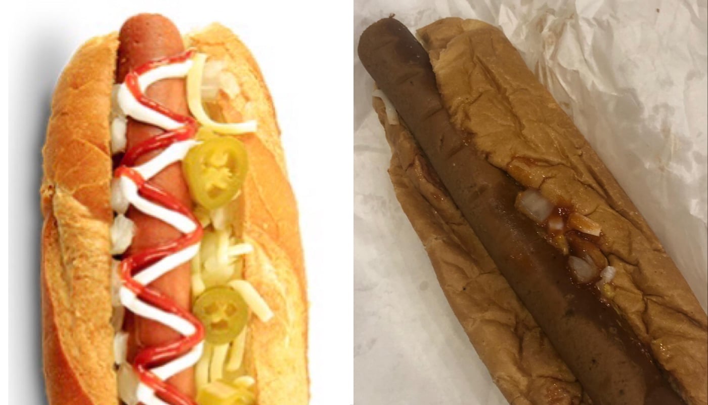 On the left, a neatly made hot dog with fresh toppings. On the right, a wrinkled hot dog with a dark sausage and sparse onions on a crushed bun, presented on crumpled paper.