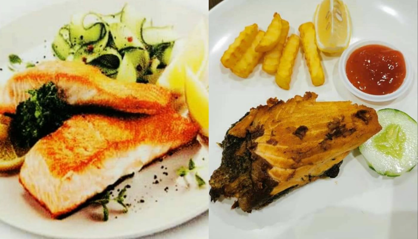 Two plates of food: the left has grilled salmon, zucchini ribbons, and lemon; the right has fried fish, crinkle-cut fries, cucumber slice, lemon wedge, and a cup of red dipping sauce.