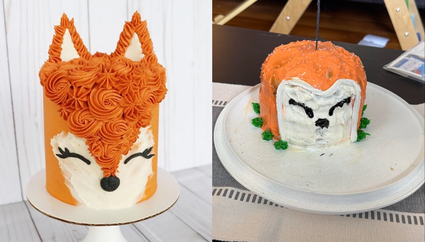 Two fox-themed cakes side by side: the left cake is neatly decorated with detailed orange fur and closed eyes, while the right cake is messier, with smeared icing and less defined features.