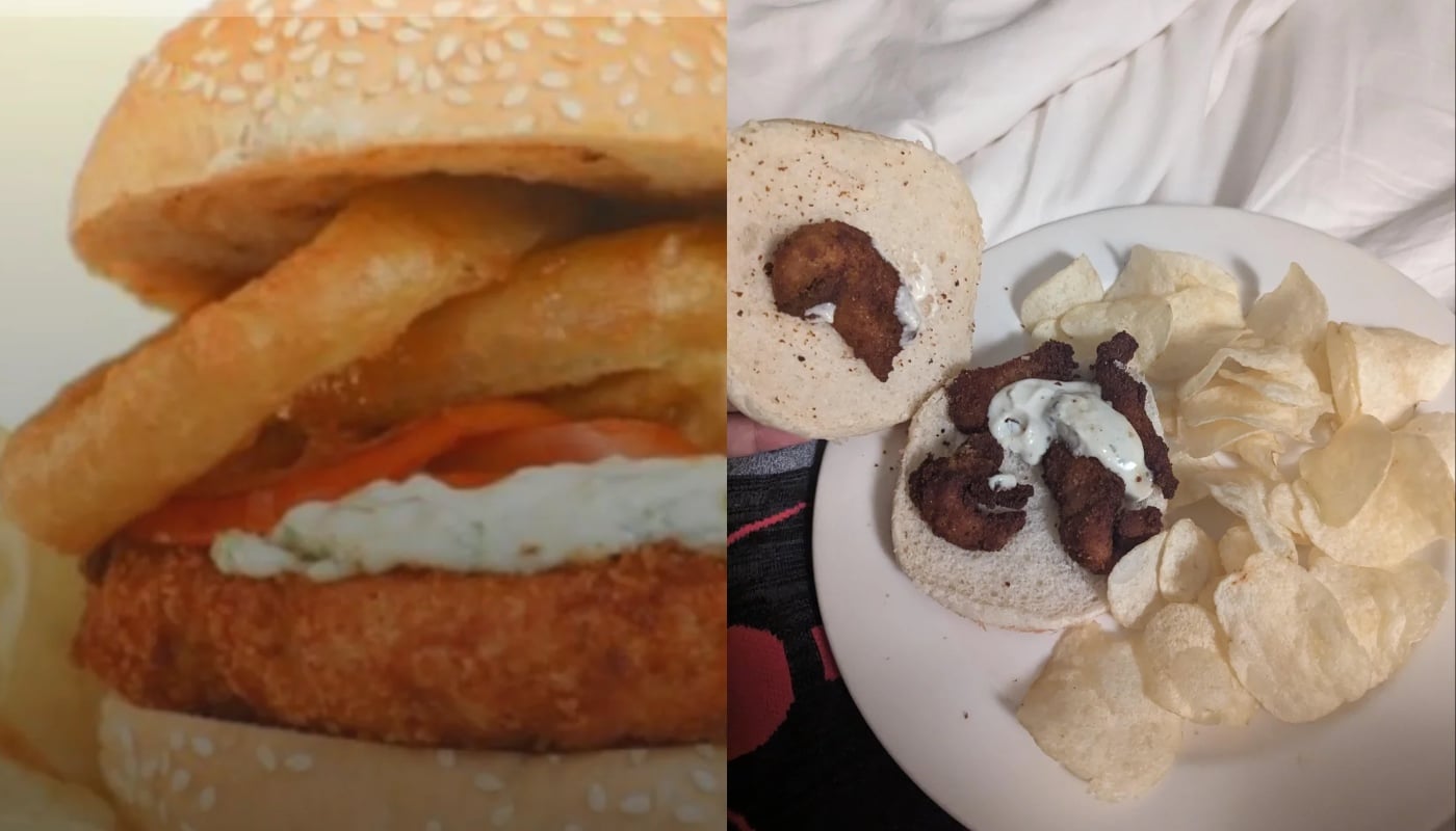 Left: A burger with a crispy patty, onion rings, tomato, and sauce on a sesame bun. Right: A plain bun with small fried pieces, sauce, and a side of potato chips on a white plate.